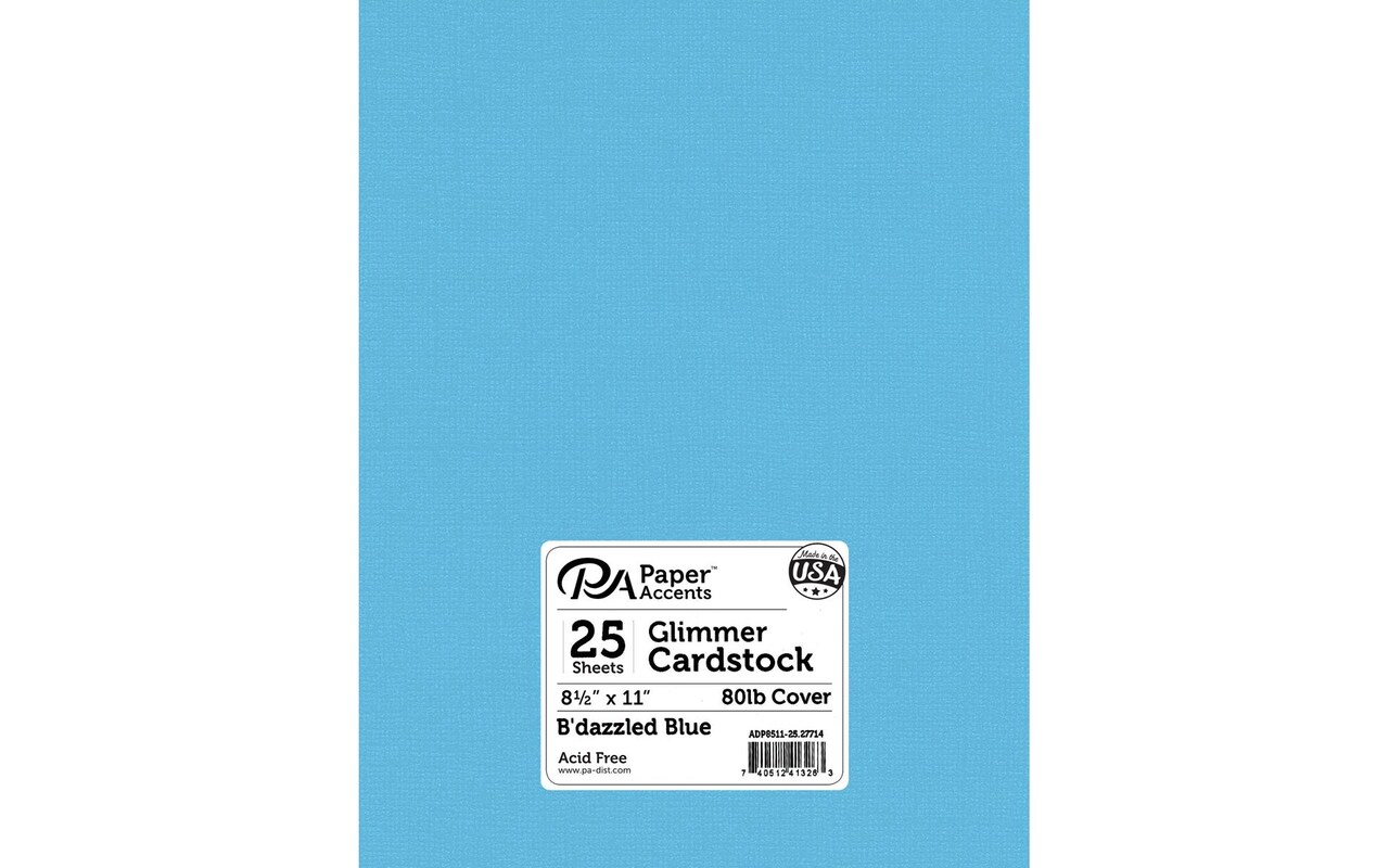PA Paper Accents Glimmer Cardstock 8.5" x 11" B'dazzled Blue, 80lb colored cardstock paper for card making, scrapbooking, printing, quilling and crafts, 25 piece pack